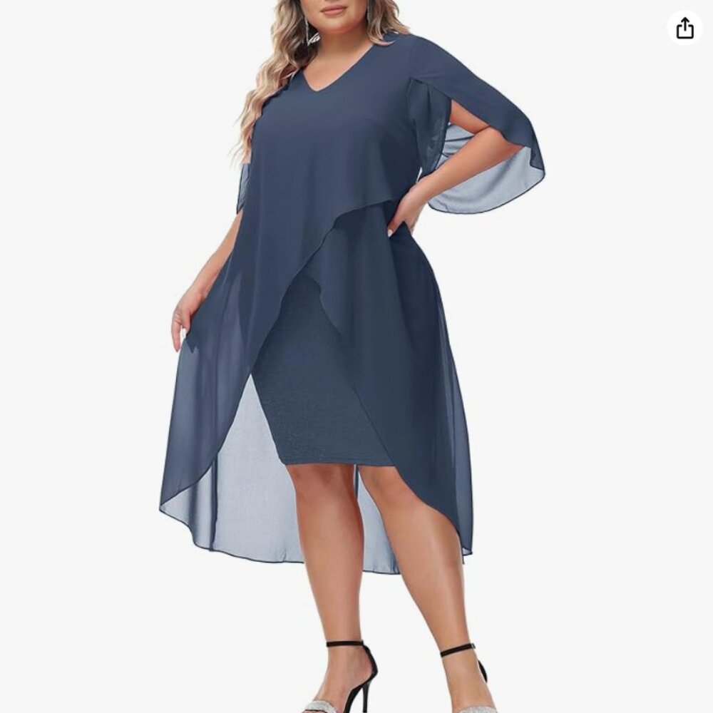 Hanna Nikole Ruffle 3/4 Sleeve Wedding Guest High Low Hem Dress (Grey Blue, XL)